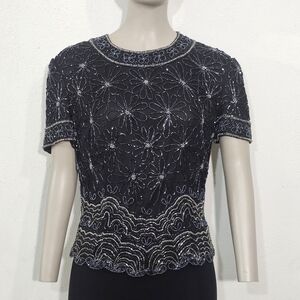 Papell Boutique Black and Silver Floral Embroidered Blouse Silk